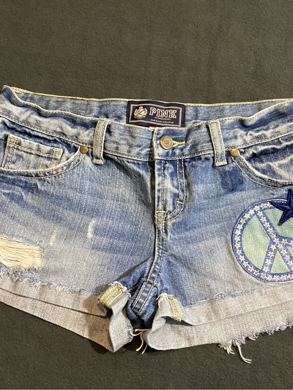 PINK Victoria's Secret Light Wash Distressed Denim Shorts with Peace PatchSize2
